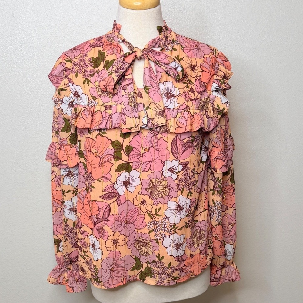 Koko + Mason Size M Floral Ruffle Top Tie Neck Long Sleeve Coquette Blouse‎ New